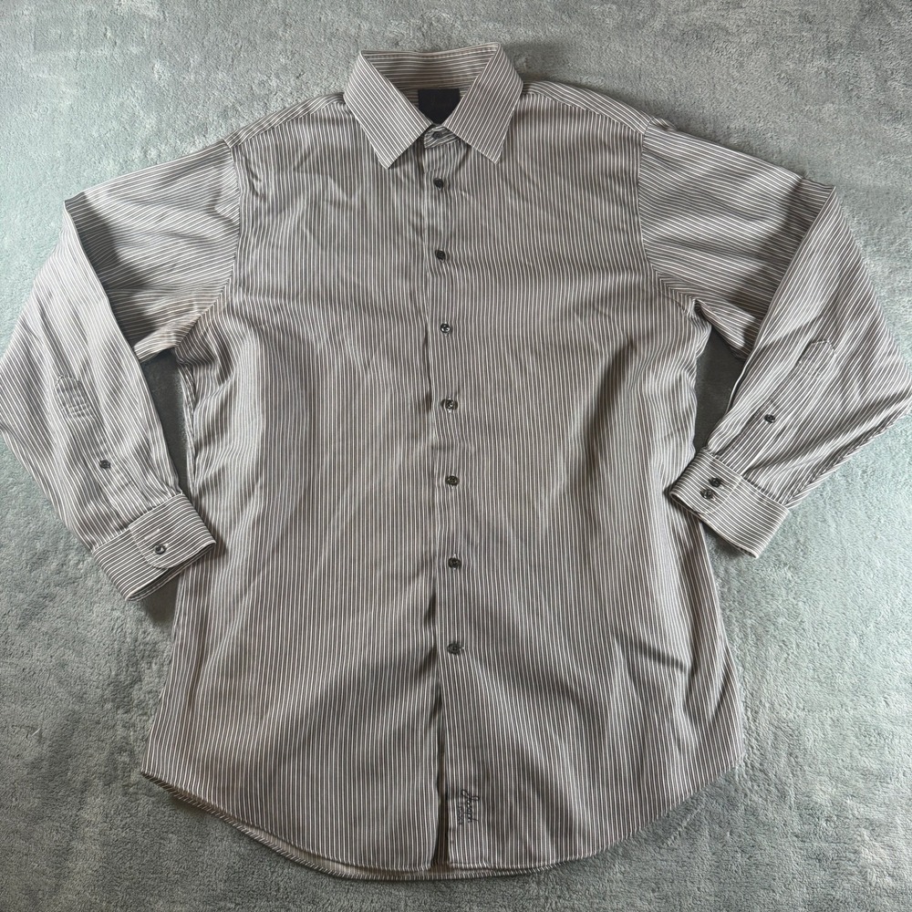 Joseph A Bank Mens‎ 16.5 34 Striped Twill Cotton Button Down Shirt Black Grey